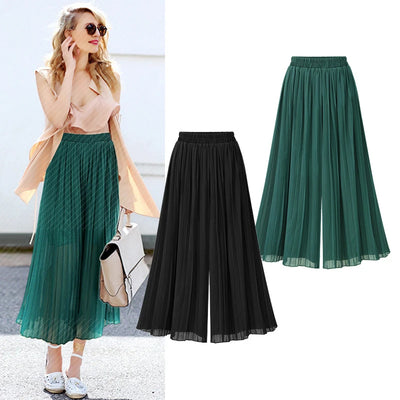 Loose Wide Leg Plus Size Pants Women Summer Fashion Streetwear Pleated Pants Skirts Elastic Waist Culottes Black Green Trousers