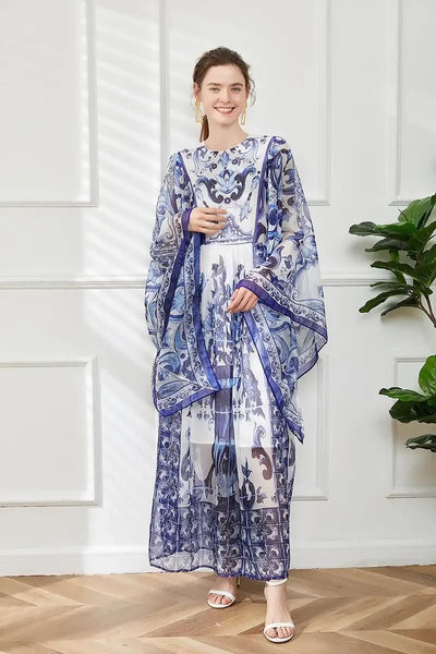Women Clothing O Neck Flare Sleeve Large Swing Maxi Dress New Summer Bohemian Blue And White Porcelain Print Chiffon Vestidos
