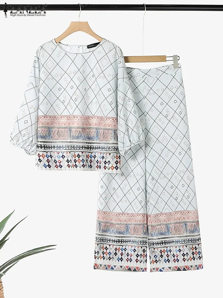 ZANZEA Fashion Women Tracksuits Summer Loose Matching Sets Bohemain Floral Printed Blouse Wide Leg Pant Sets 2pcs Work Outfits