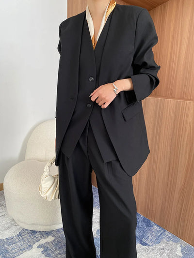 Spring and Autumn Women's Casual Solid Color Loose Jacket+V-neck Vest+Wide Leg Pants Set