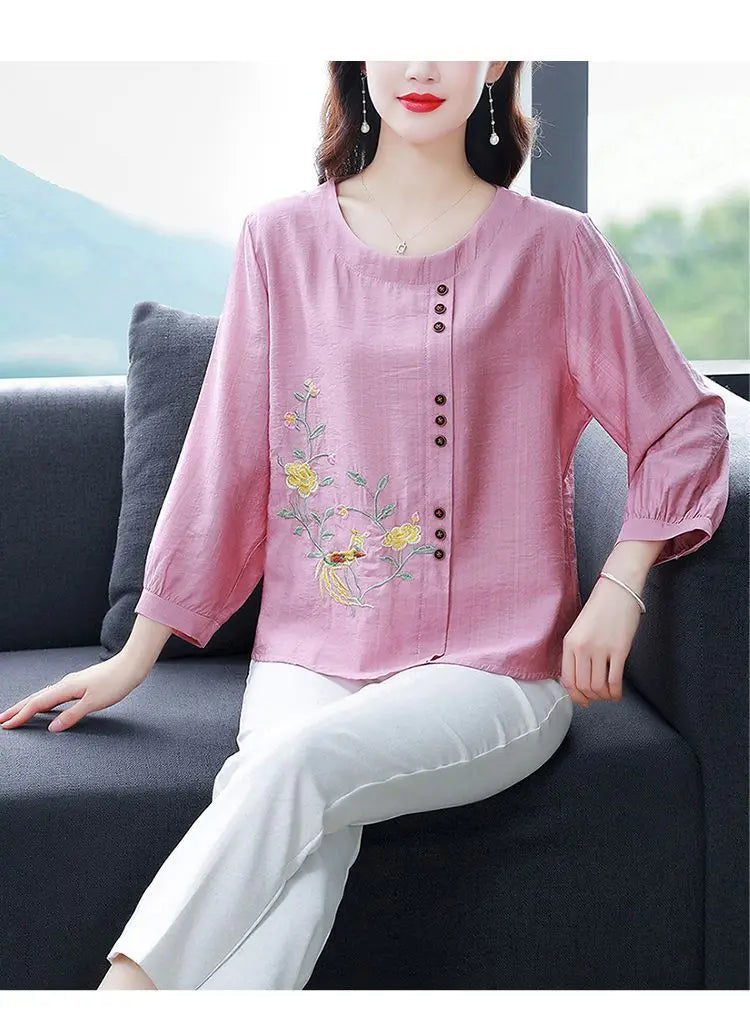 Summer Cotton Linen Embroidery Loose Casual Blouse Lady 3/4 Sleeve Vintage All-match Top Women Fashion Oversized Elegant Shirt
