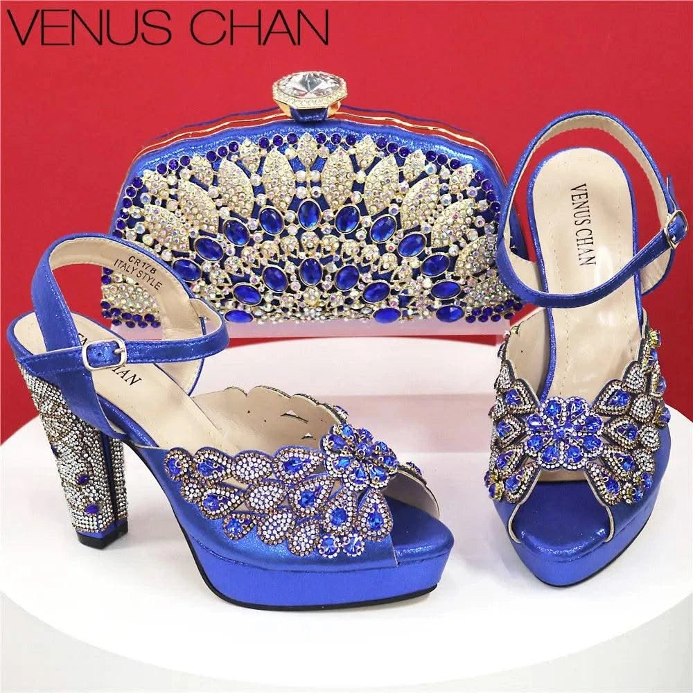 Embroidery Italian Design Pointed-Toe High-heeled Shoes and Bags Set for Women