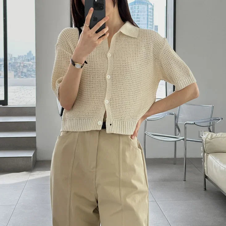 Women's Shirt Knit Solid-colored Short-sleeved Sweaters Tops All-match Pullovers T-shirt Polo-neck Crop Tops Girl's Tees Summer