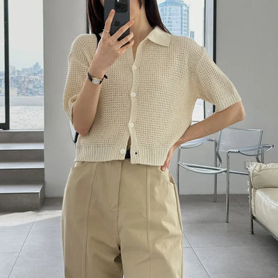 Women's Shirt Knit Solid-colored Short-sleeved Sweaters Tops All-match Pullovers T-shirt Polo-neck Crop Tops Girl's Tees Summer