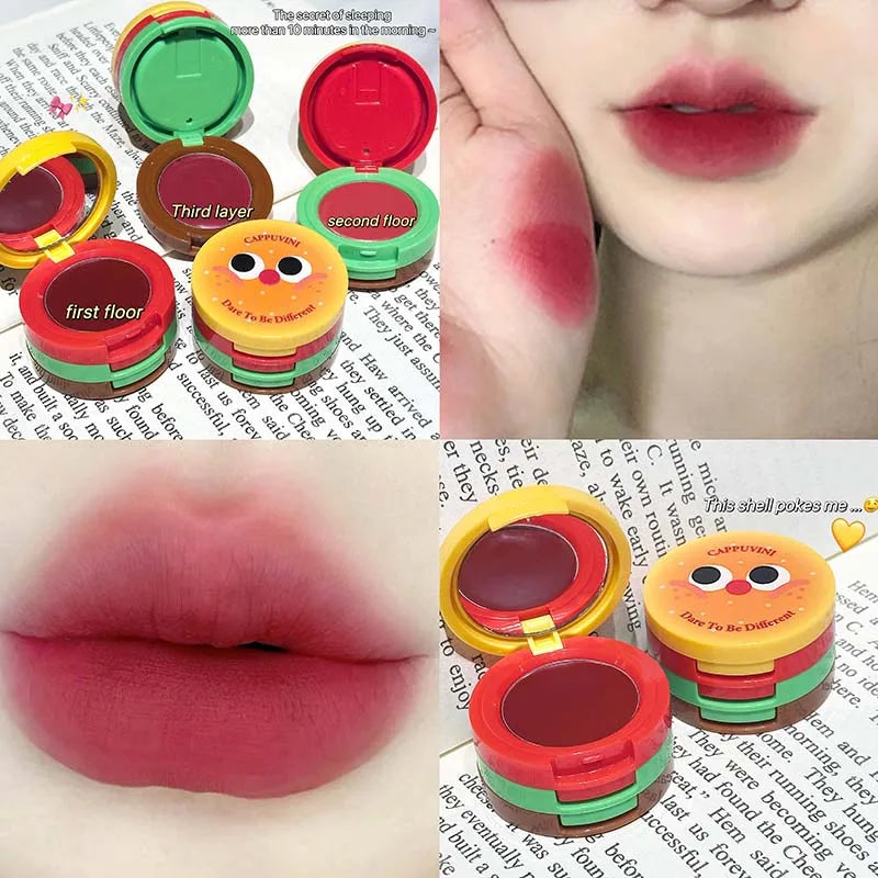 Cappuvini Butter Hamburger Lip Mud Matte Soft Mist Cute Hamburger Whitening Makeup Lipstick Valentine's Day