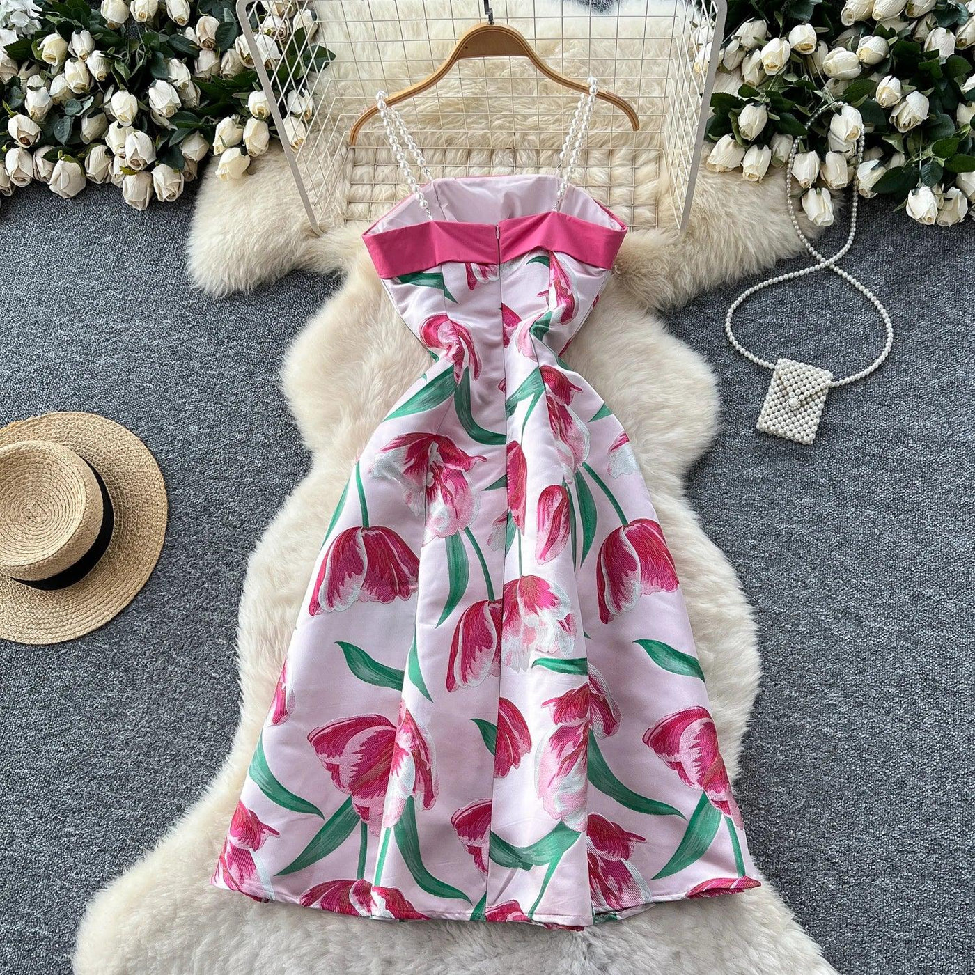 Women's Dress 2025 Summer Light Luxury Three-Dimensional Butterfly Butterfly Waist Cinched Suspender Printed Large Swing Dress