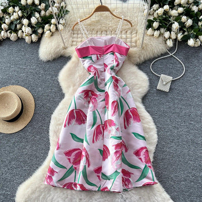 Women's Dress 2025 Summer Light Luxury Three-Dimensional Butterfly Butterfly Waist Cinched Suspender Printed Large Swing Dress