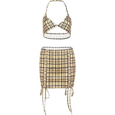 Whatiwear Street Fashion 3 Piece Set Women Polo-Neck Single-Breasted Blouse+Halter Bra+Plaid Print Shirring Skirts Y2K Style Set