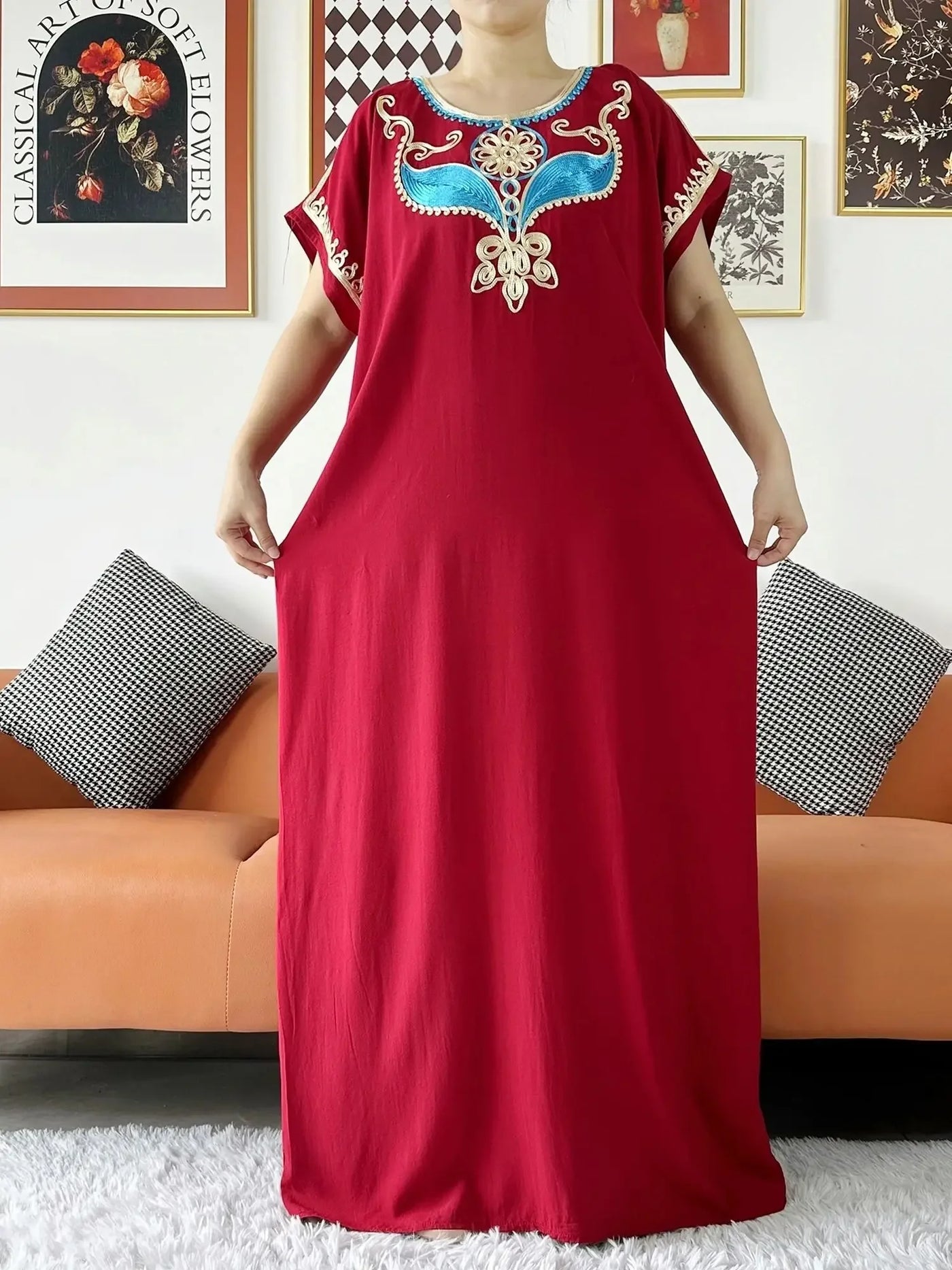 New Dubai Lady Party Summer Solid Cotton Dress with Scarfs African Dashiki Women Maxi Cotton Embroider Loose Vestidos