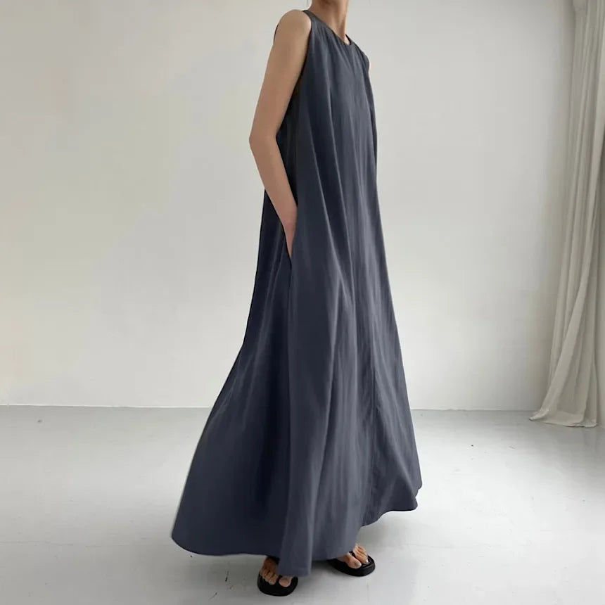 REALEFT Summer Women Maxi Dress 2024 New Solid Color Elegant Pockets Loose Waist Sleeveless Casual Summer Dresses Female