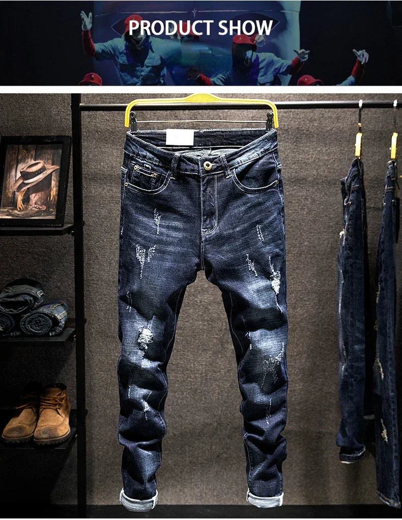 2025 New Ripped Jeans Men Slim-fit Denim Pants Cotton Korean Style Fashion Elasticity Versatile Blue Black Men's Clothing - Elanique