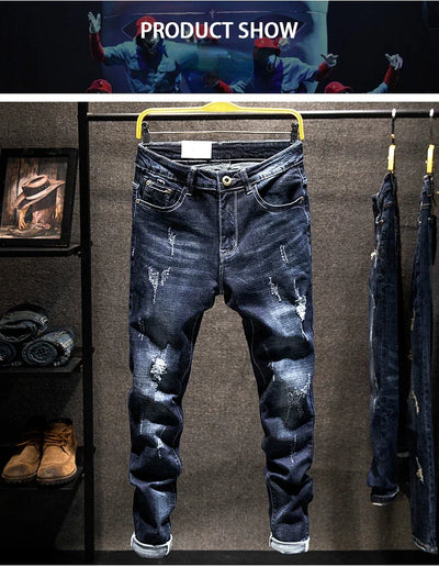 2025 New Ripped Jeans Men Slim-fit Denim Pants Cotton Korean Style Fashion Elasticity Versatile Blue Black Men's Clothing - Elanique
