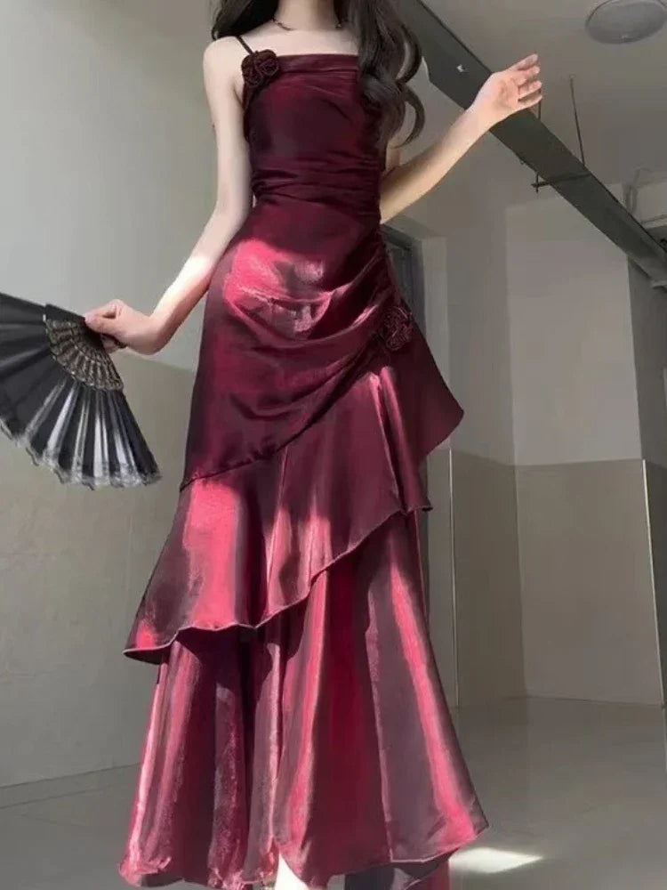 French Vintage Dress Women Lace Retro Elegant Evening Party Dress Female Sleeveless Chic Midi Dress 2025 Fashion Summer New