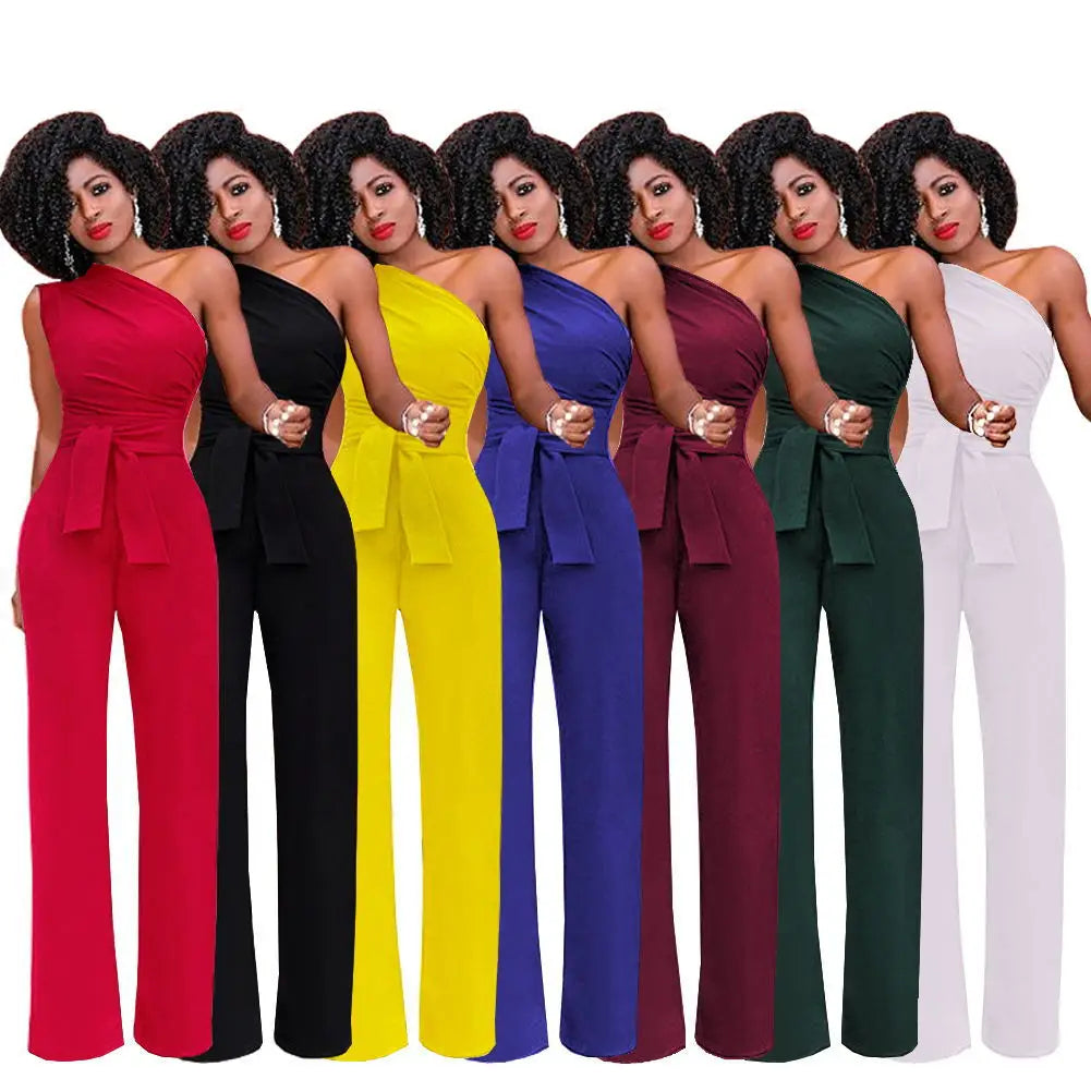Women's Jumpsuit Solid Skew Collar Crop Top Straight Pants Belt Sexy Sleeveless Loose Pants Elegant Charming Playsuits 2024