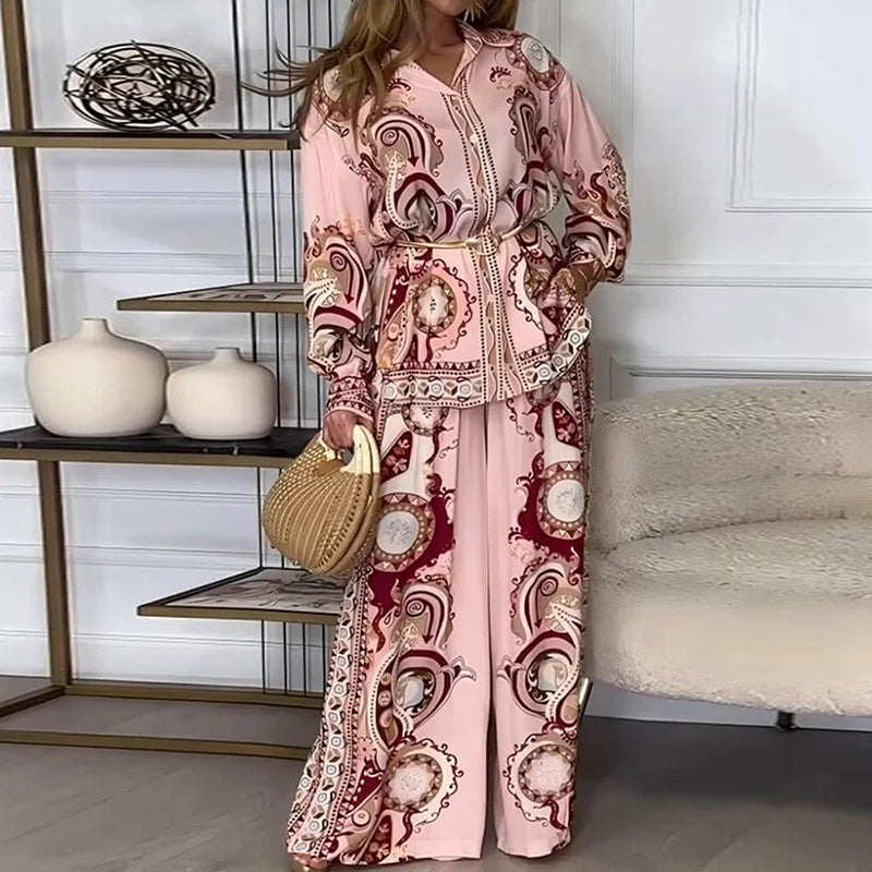 Wide Leg Pants Printing Patchwork 2PCS Outfit, Women Spring Summer Single-Breasted Fashion Sets, Turn-Down Collar Ladies Suits