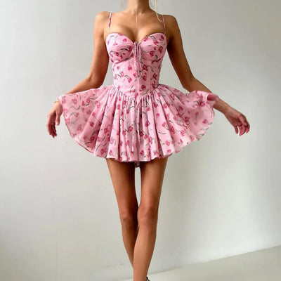 Elegant Floral Dress Women Fitted Waist Summer Dress Sexy Birthday Party Dress Lace Up Club Gowns Women Clothing