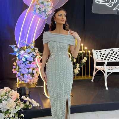 Luxury Dubai Off the Shoulder Evening Dress for Women 2025 Elegant Beads Slit Mermaid Formal Wedding Prom Party Gown Customized