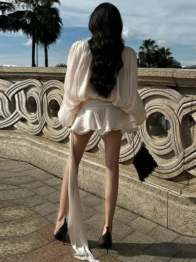 Ruffles Mini Dress Women Lace Up  V Neck Long Sleeve Pleated Female Dresses 2025 Elegant Summer Autumn Street Loose Ladies Robes