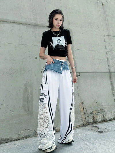 Wide Leg Pants Women Floor Length Patchwork Lace Denim Stripe Print High Waist Multiple Pockets 2025 Streetwear Cargo Trousers
