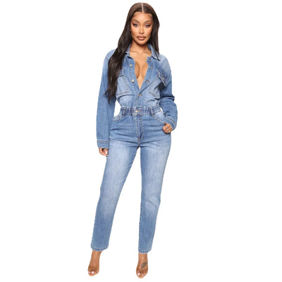 Women Jeans Jumpsuits Single Breasted Solid Denim Washing Overalls Pockets High Street Button Pencil Pants Ankle Length