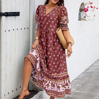 dresses for women Fashion summer Casual long dresses Bohemian V-Neck Printed High Waisted Big Swing Dress vestidos cortos