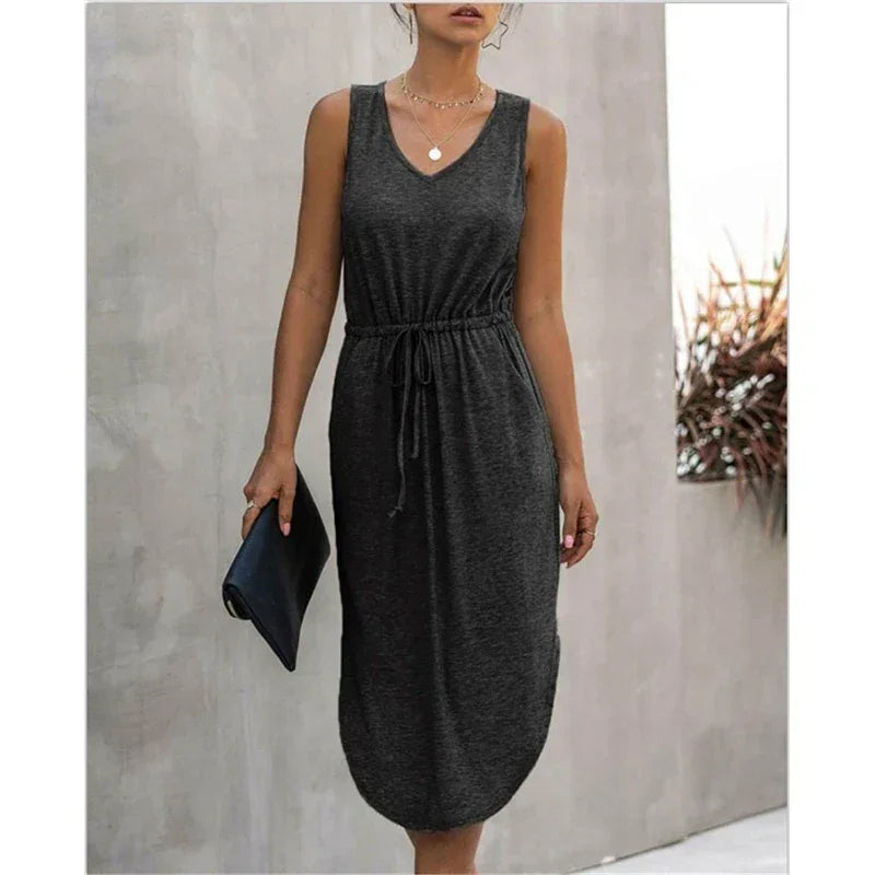 Summer Sleeveless Baumwolle Casual Women Midi V-Neck Solid Tank Dress