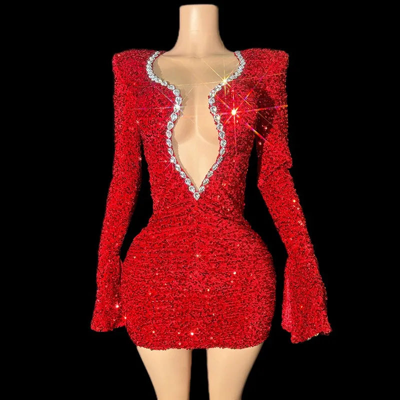 New Women Party Birthday Celebrate Costumes Red Shiny Sequins Evening Party Dress Bar Dj Ds Stage Jazz Dance Outfits ﻿Dress