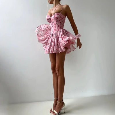 Elegant Floral Dress Women Fitted Waist Summer Dress Sexy Birthday Party Dress Lace Up Club Gowns Women Clothing