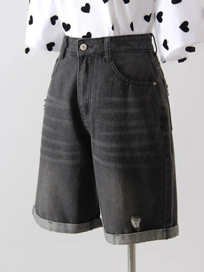 Women Denim Shorts Ripped Wide Leg Black High Waist Short Jeans Straight Leg Blue Denim Shorts For Women Summer Jean Shorts