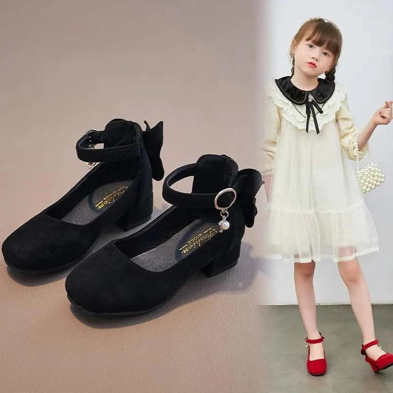 Kids Velvet Black, Pink, Red Leather High Heeled Shoes 3-15T | Girl's Princess Shoes For Party, Wedding, Dance | Children's Fashion