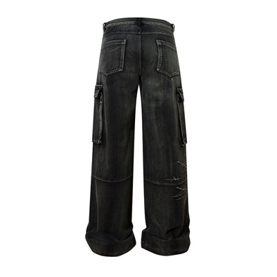 Trendy Brand American Retro Tooling Jeans Mens High Street Heavy Industry Embroidery Loose Wide-leg Trousers