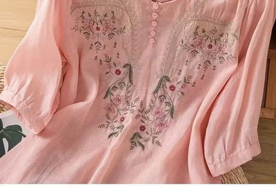 Cotton and Linen V-neck Embroidered Shirt for Women, Summer Thin Style Loose Medium Sleeves Small Shirt Top