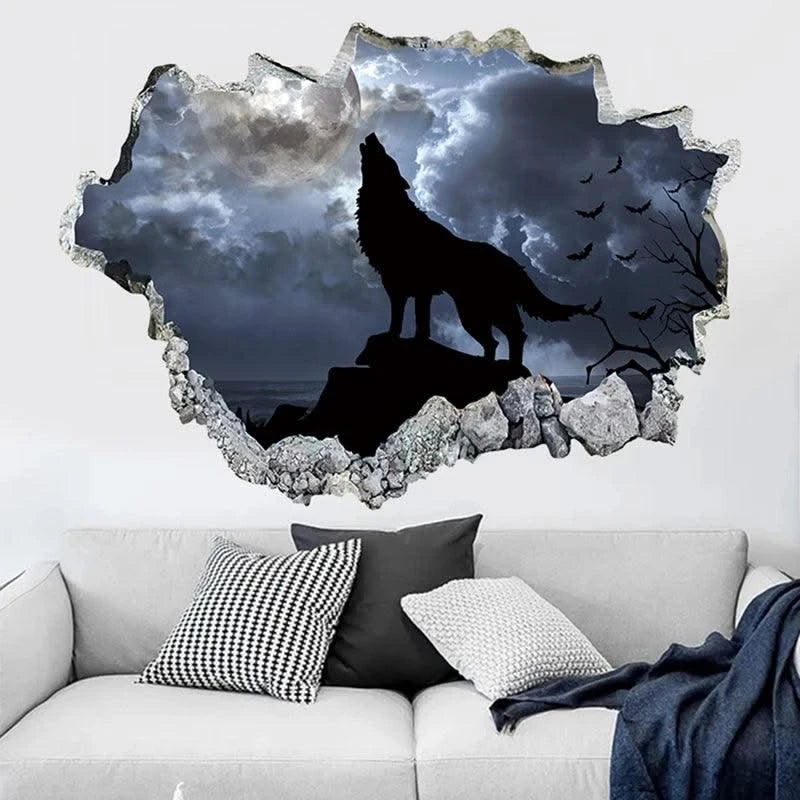 3D Broken Wall Hole Art Moon Night Wolf Howls Vinyl Mural Stickers Room Decorations for Home Items Self Adhesive Animal Poster