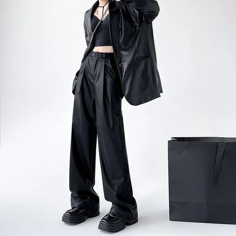 Women's Wide Leg Pants PU Straight Pants Autumn New Fashion Pantalones Mujer Solid Black Brown Leather Pants Women Streetwear