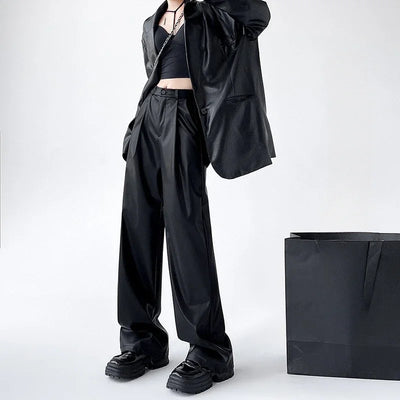 Women's Wide Leg Pants PU Straight Pants Autumn New Fashion Pantalones Mujer Solid Black Brown Leather Pants Women Streetwear