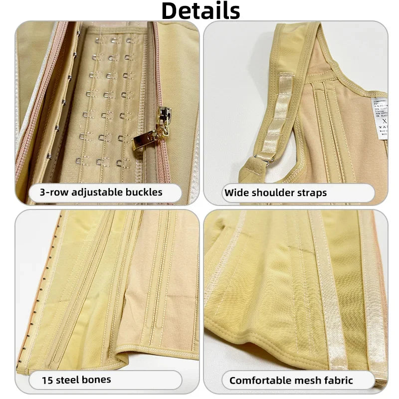 Fajas Colombianas Body Shaper Shapewear Women Vest Tops Double Compression Waist Trainer Corset Adjustable Zipper and Hook-eyes