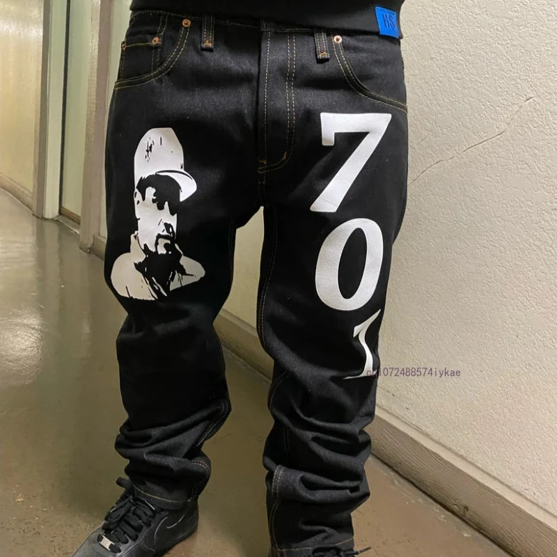 Black Straight Jeans Men Women Ins New Net Red Design Personality Printing Wide Leg Pants Winter Loose High Street Casual Jeans
