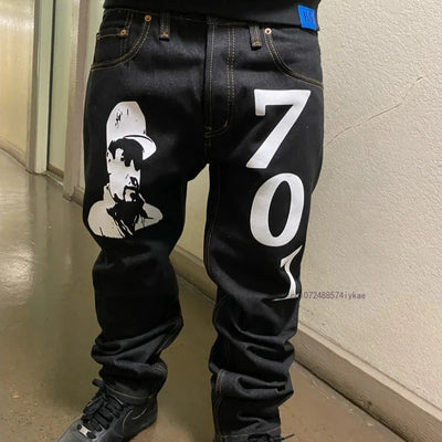 Black Straight Jeans Men Women Ins New Net Red Design Personality Printing Wide Leg Pants Winter Loose High Street Casual Jeans