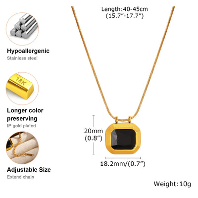 Square Solitaire Pendant Cubic Zirconia Necklace for Women, Stone Snake Link Adjustable, Stainless Steel Jewelry