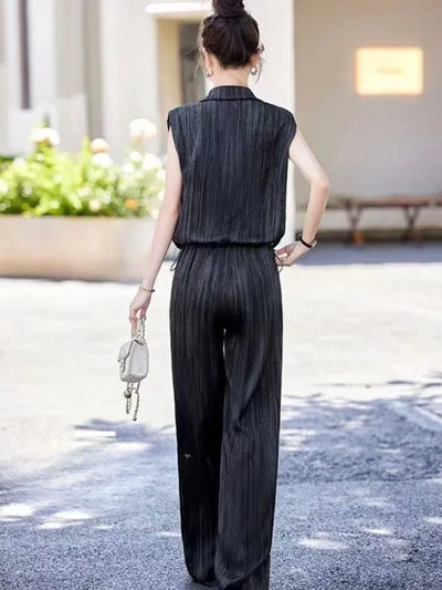 Wear To Work Shirt Ladies Trouser Black Women's Blouse and Pants Two Piece Set Professional Wide Leg Office Baggy Stripe Outfit