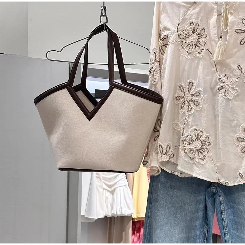 Fashion Brand Designer Tote Bags Light Luxury High-end V-shaped Handbag Simple Versatile Canvas Bag Large Capacity Shoulder Bags