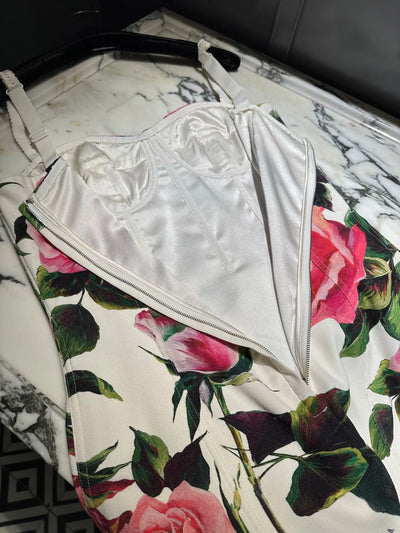 2024 Fashion  Pink Rose Strap Dress with Positioning Printed Viscose Fabric and Silk Satin Lining Luxury Brand Designer Flower