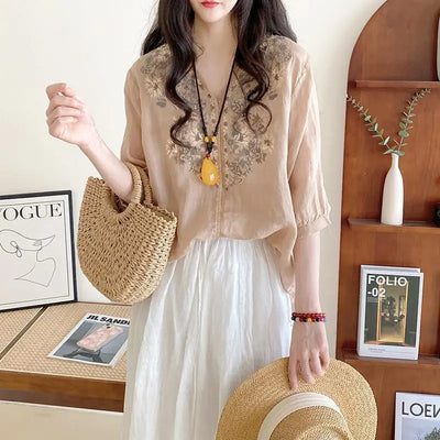 Women's Clothing Linen Blouse White V-Neck Embroidered Shourt Sleeve Loose Fit Artistic Casual Feminine Fashion