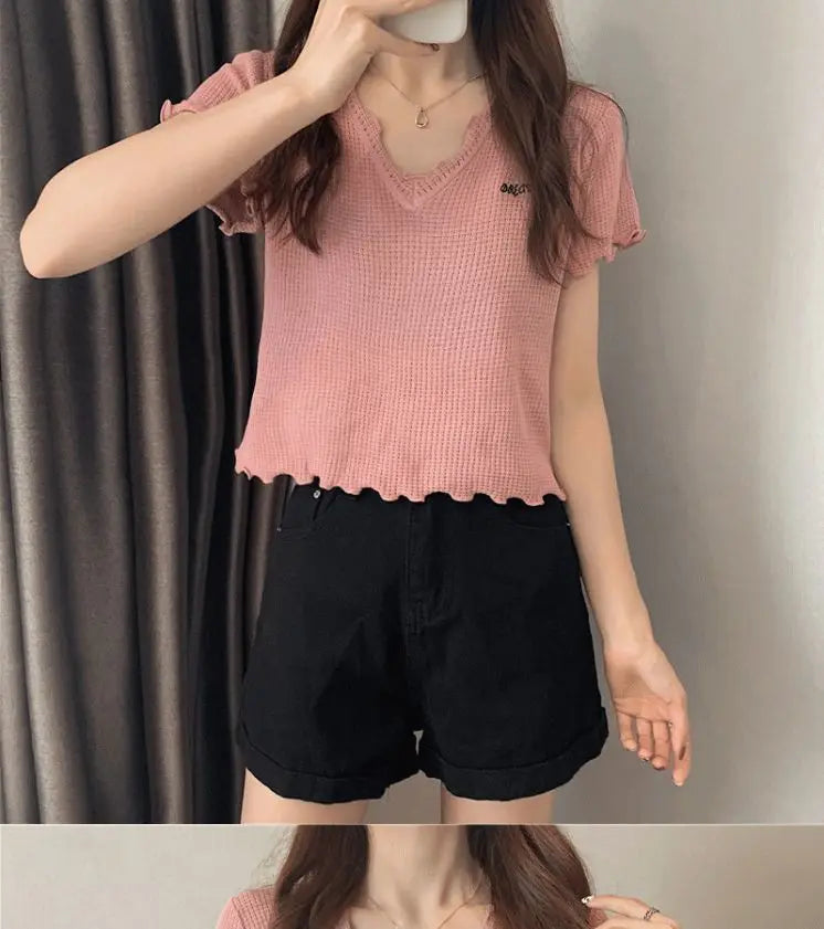Oversized Summer Short Sleeve T-shirt Women's Foreign Style Versatile Slim Knitted Top Underlay