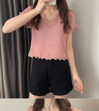 Oversized Summer Short Sleeve T-shirt Women's Foreign Style Versatile Slim Knitted Top Underlay