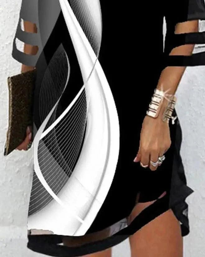 Dresses for Women 2025 Summer Fashion  Abstract Print Colorblock Cold Shoulder Contrast Mesh Casual Female Mini A Line Dress