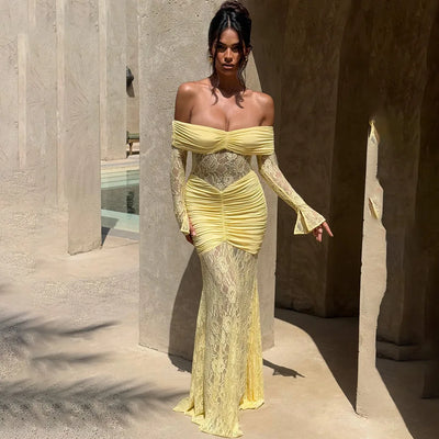 Woman Clothing Lace Patchwork Evening Dress 2025 Autumn Sexy Slash Neck Long Sleeve Folds Party Gown Lady Long Maxi Prom Dresses