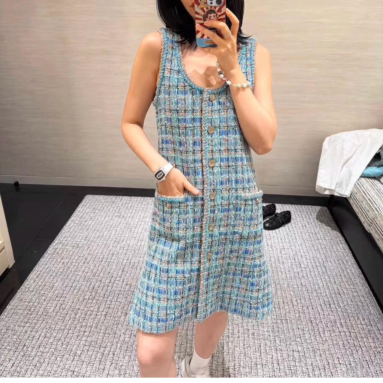 Autumn 2025 New Sle Blue een Tweed round Ne Single Button ort Quilted Jaet Women's Faion Outerwear Small Fraanc...