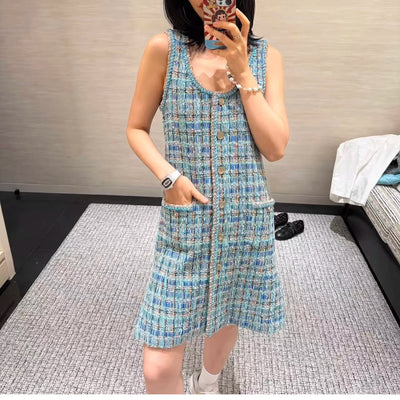 Autumn 2025 New Sle Blue een Tweed round Ne Single Button ort Quilted Jaet Women's Faion Outerwear Small Fraanc...