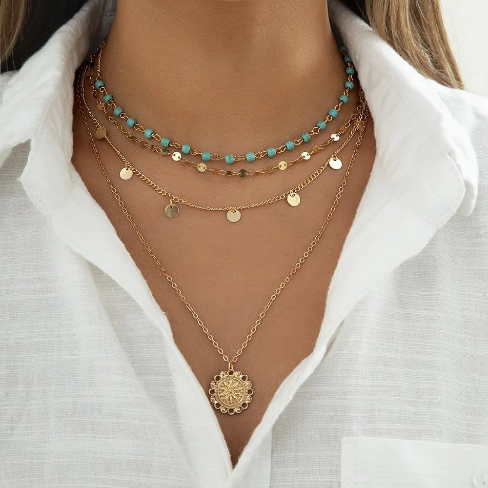 Seulement Gold Plated Layering Necklaces for Women Bohemian Style Turquoise Curb Link Tassels Chain Circle Pendants for Women